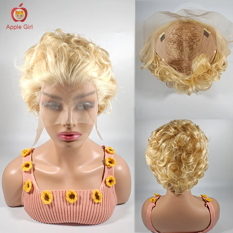 

613# Blonde Short Pixie Cut Wig Afro Curly Human Hair Wigs 13x1 Lace Front Wig Applegirl 99J# 1B# T1B30#Brazilian Remy Hair