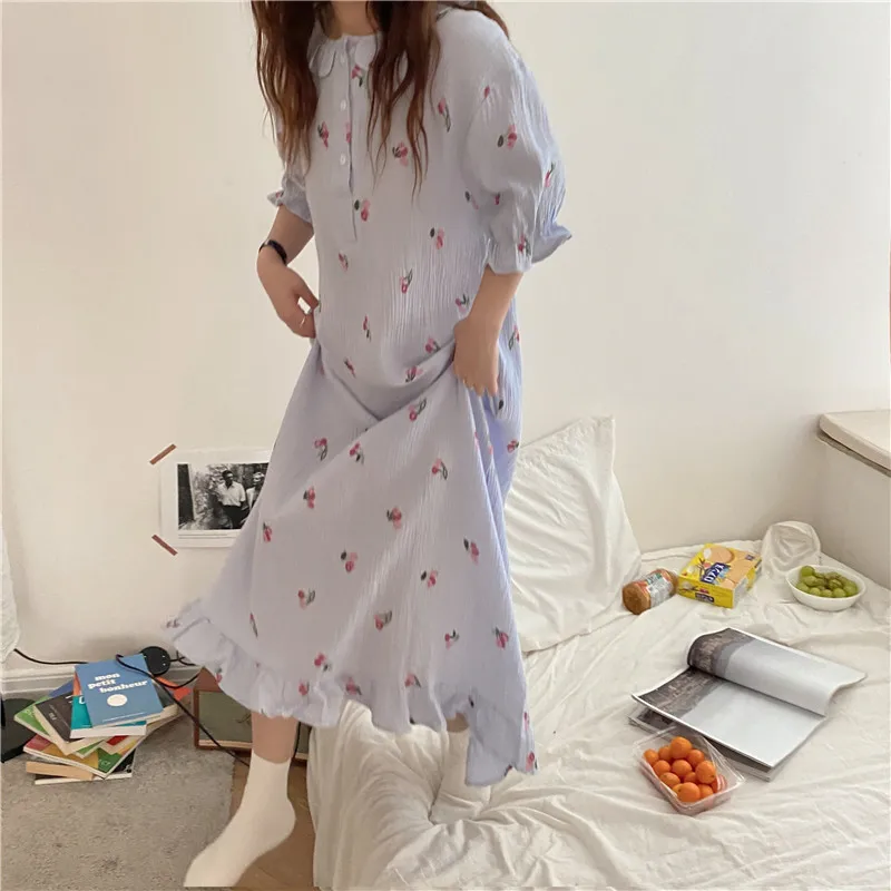 

Real shot 2021 summer new Korean version of sweet, loose and comfortable embroidered home wear pajamas dress can be worn outside