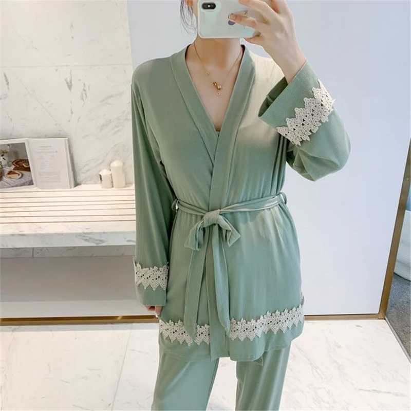 

Ladies lace comfortable modal cotton pajamas suspenders three-piece comfortable breathable stretch casual home service SP0016