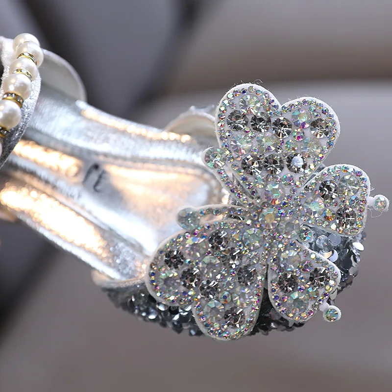 Детская обувь принцессы с блестками и бантом Детские Серебристые розовые