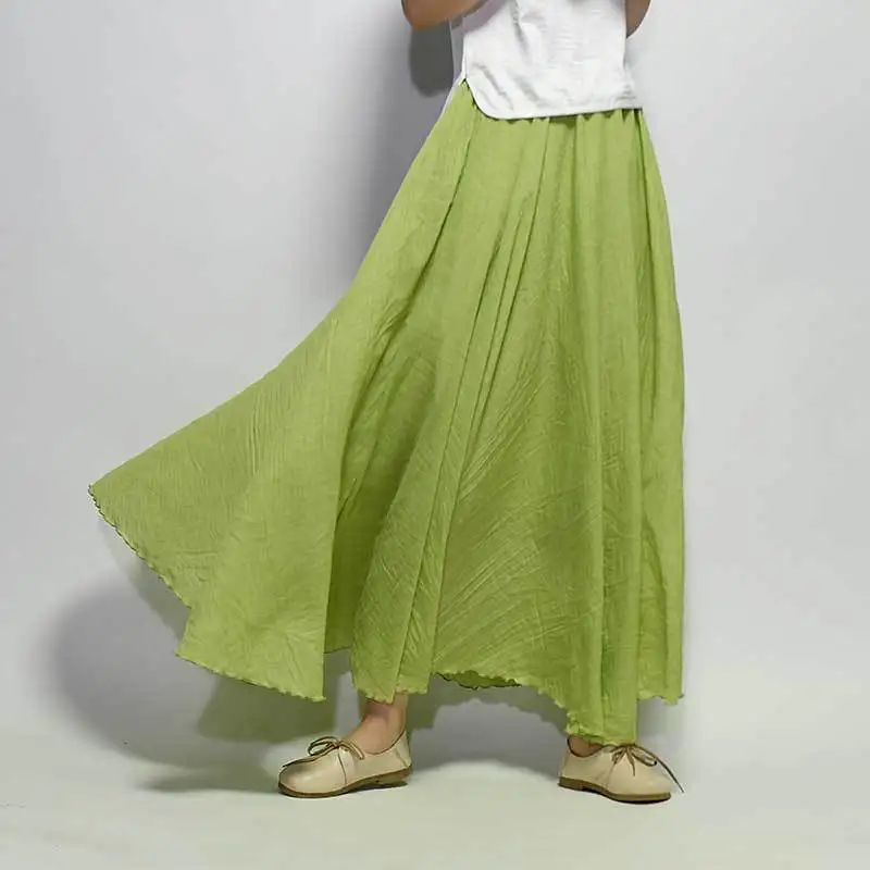 

Women Cotton Linen Skirt Green Long High Waist Large Size Elastic A Line Girls Skirts Pleated Solid Color Ethnic Vintage Sweet