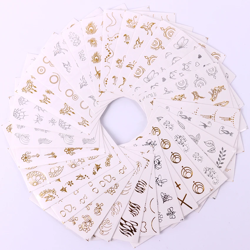 30 шт./компл. золотые и серебряные наклейки для ногтей перо цветок паук дизайн