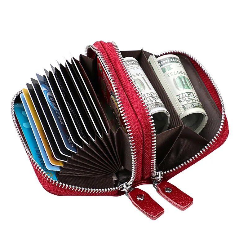

Genuine Leather Women Credit Card Holder Wallet Cowhide Leather Cardholder Men Card Purses with Zipper Coin Pocket