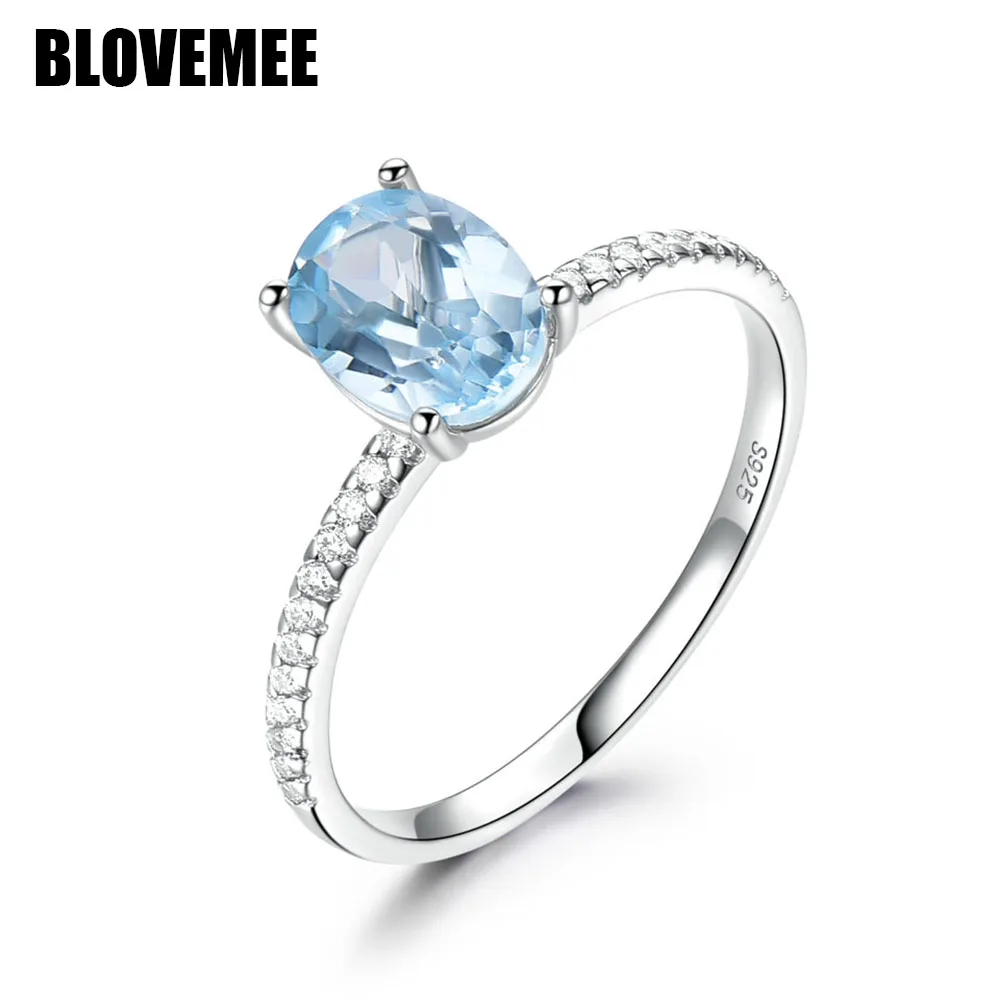 

925 Sterling Silver Genuine Gemstone Engagement Rings For Women Sky Blue Topaz Birthstone Oval Solitaire Stacking Fine Jewelry
