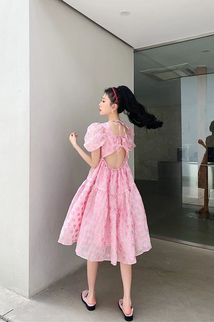 

ZCSMLL Embroidered puff sleeve women dress flower printing vintage fashion korean A-line big swing doll vestido