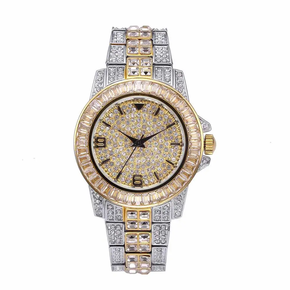 GUCY AAA ICED OUT хип-хоп наручные часы с микро pave CZ браслет из нержавеющей стали Прямая поставка - Цвет: Gold with Silver