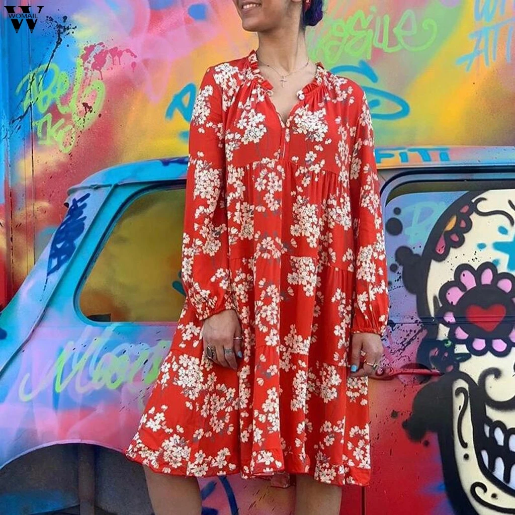 Женское пляжное платье с принтом свободное большого размера длинным рукавом и V