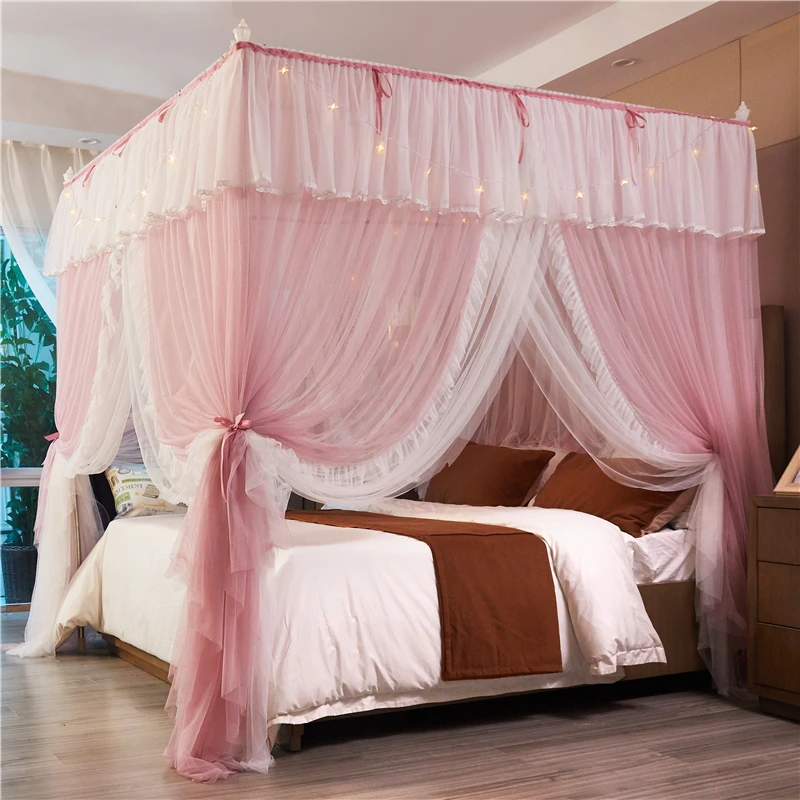 Pink White Double-deck Romantic Lace Princess Style Three-door Floor-standing mosquito net Suitable for 1.2m 1.5m 1.8m 2m Bed |