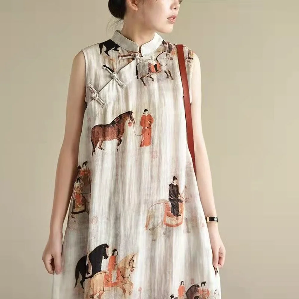 

2022 Loose Chinese Dress Sleeveless Chinese Women Cheongsam Dress Linen Qipao Chinese Traditional Dress Long Dress Qipao