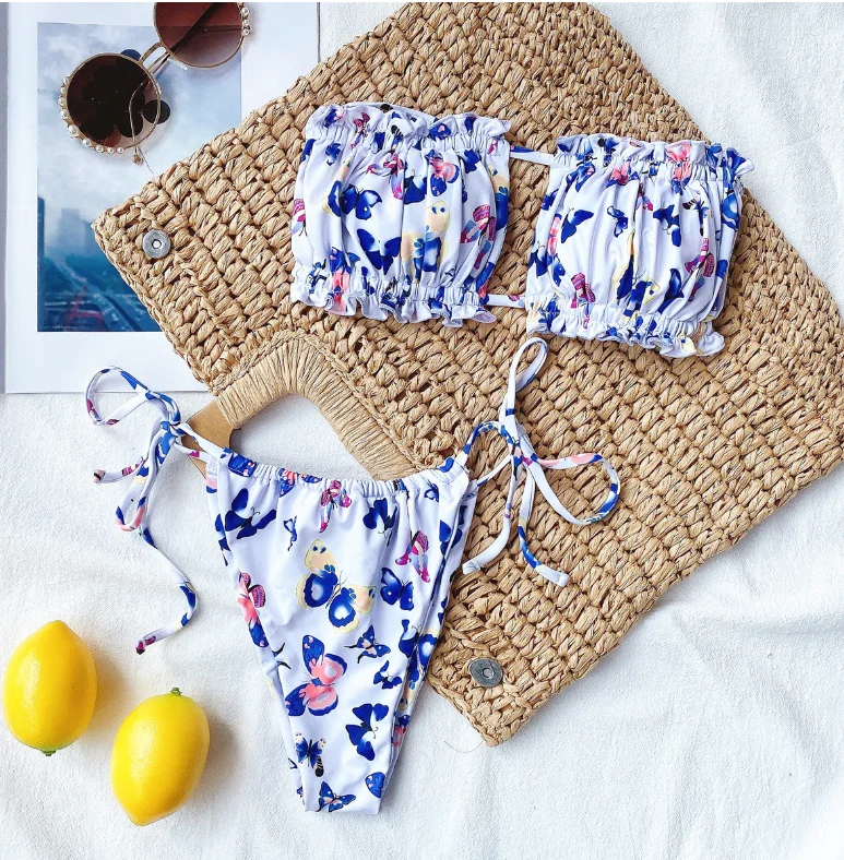 Купальник-бикини женский со складками и завязками комплект из двух предметов с