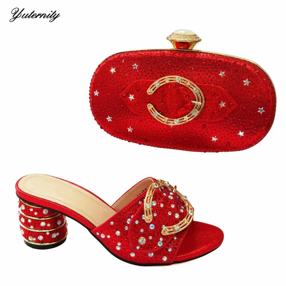 

Fashion Red Color Women PU With Rhinestone Slipper Shoes And Bag Set New Italian Pumps Shoes And Bag Set For Wedding Party
