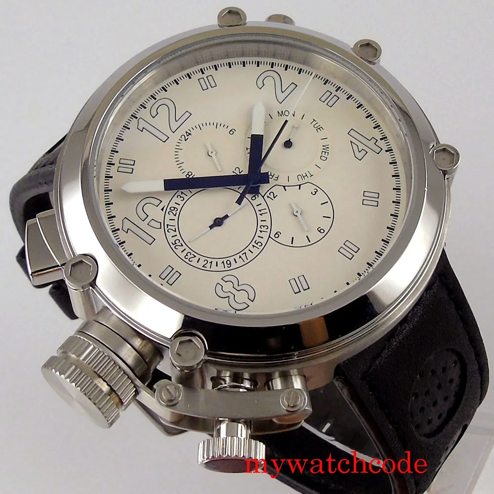 Parnis 50 мм механические Автоматические Мужские часы с большим кожаным ремешком и