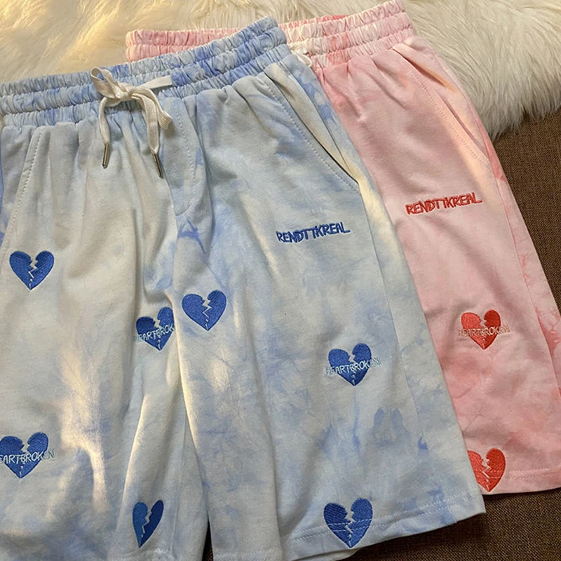 

Korean sweet kawaii heart-shaped letter embroidery art dyeing shorts loose casual women's elastic elastic cotton shorts yund