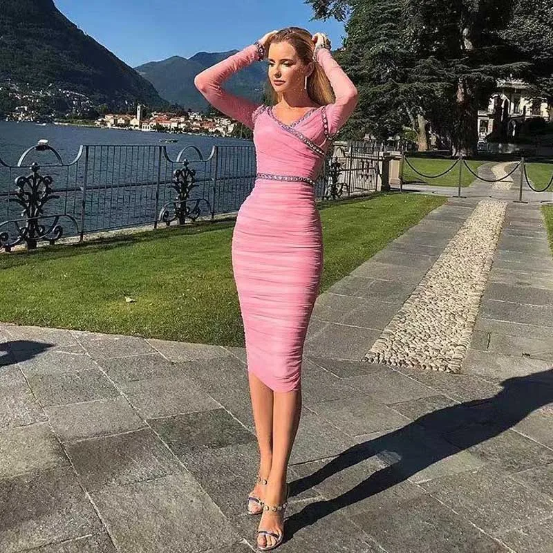 

free shipping Wholesale 2020 woman's dress Fuchsia Long sleeve V-neck Tights celebrity cocktail party bandage dress