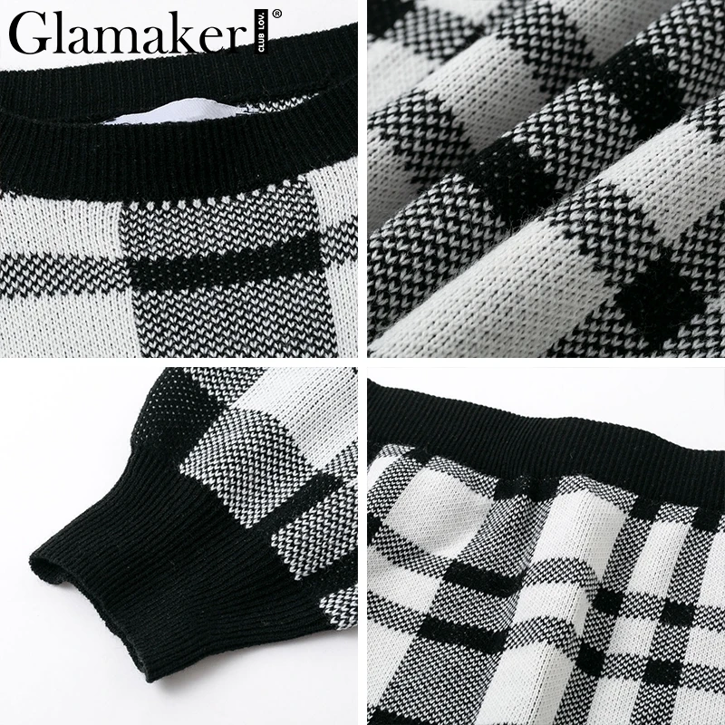 Glamaker трикотажное клетчатое сексуальное платье из 2 частей, женское осеннее элегантное мини-платье с длинным рукавом, зимнее женское укороченное платье-свитер, теплое платье