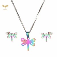 cute animal necklace stud earrings colorful dragonfly pendant chain womens jewelry set fashion stainless steel collares