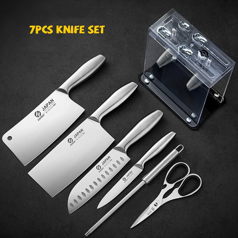 

7pcs Knife Set Stainless Steel Knife with Holder Utility Cut meat Cleaver Bread Paring Knives Scissors Cooking Tools