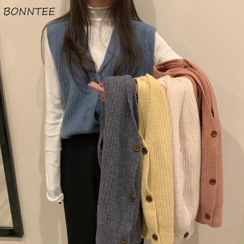 

Свитер-жилет женский вязаный, шикарный простой однобортный винтажный корейский свитер без рукавов, популярный однотонный, 5 цветов