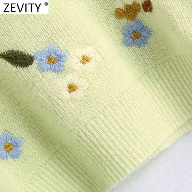 

Zevity 2021 Women Fashion Turtleneck Collar Floral Embroidery Short Knitting Sweater Female Chic Long Sleeve Pullovers Tops S686