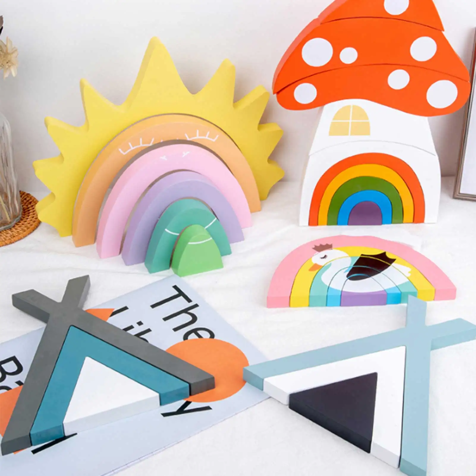 Bloques de construcci&oacute;n de arco&iacute;ris para ni&ntilde;os, juguete educativo de apilamiento de madera, juguetes educativos de bloques de aprendizaje temprano, regalo, novedad-4