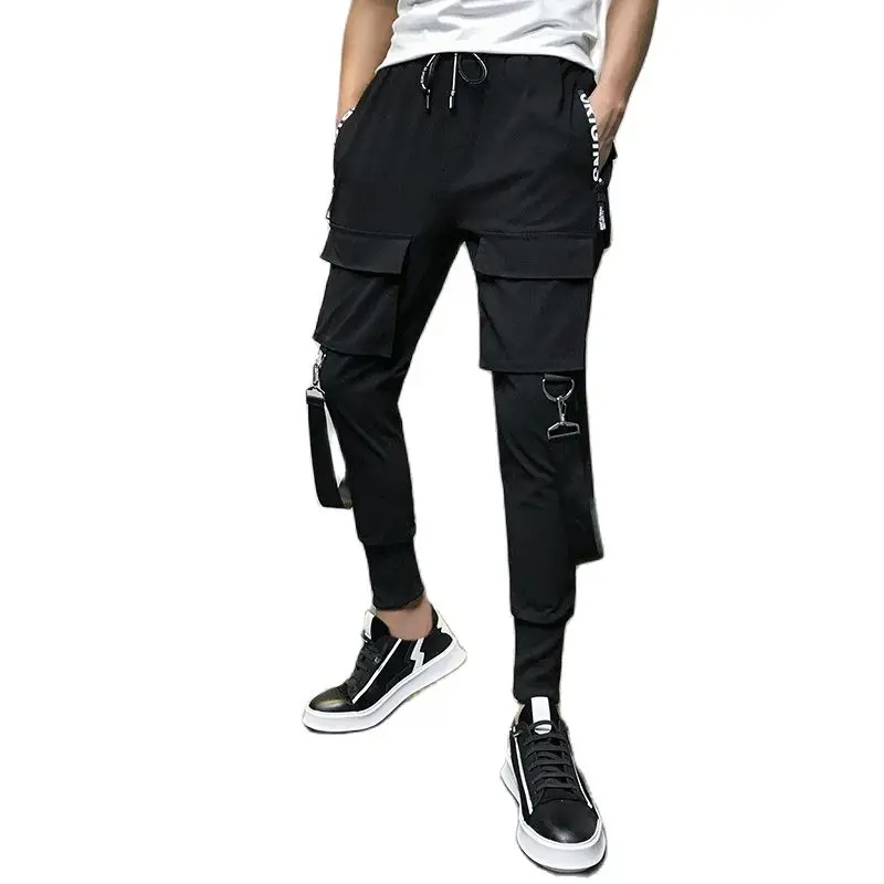 Брюки карго мужские в стиле хип хоп облегающие уличные джоггеры с лентами