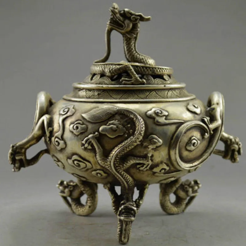 

Free Shipping Collectible home Decorated Old Handwork Miao Silver Carved 6 Dragon statue incense burner/metal crafts censer