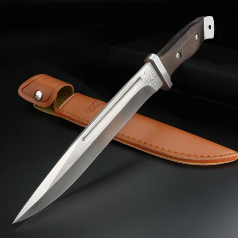 Нож для выживания на природе, нож с фиксированным клинком, охотничьи ножи для поля, деревянная ручка, 58HRC, с кожаным футляром
