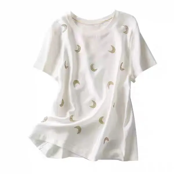 

Short Sleeve Women's 2021 New Foreign Style Round Neck Real Silk and Pure Cotton Slim Top T-shirt