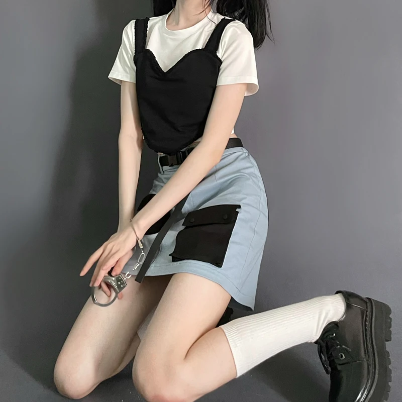 Модные кроп-топы в стиле Харадзюку готические футболки с коротким рукавом для