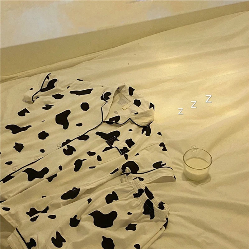 

QWEEK Pijamas Women Pyjamas Cute Cow Print Pajamas Casual Comfortable Homewear Two-Piece Sleepwear Female Summer Set Women