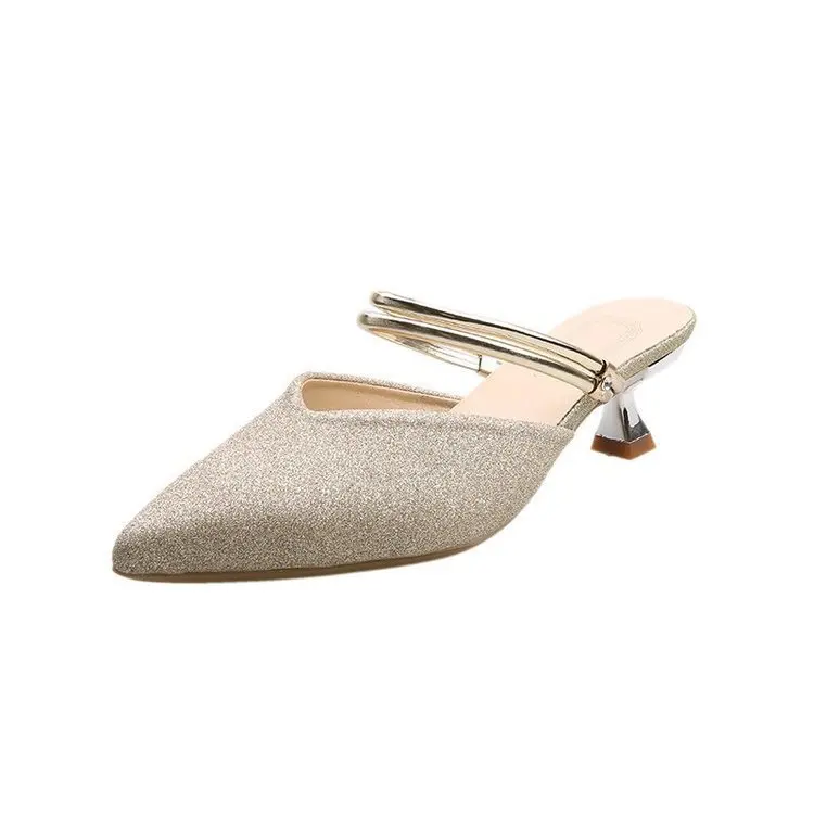 

Slippers Women Summer Female Mule Shoes Thin Heels Luxury Slides Pointed Toe Low Pantofle Mules Designer Cover 2021 PU Fashion B