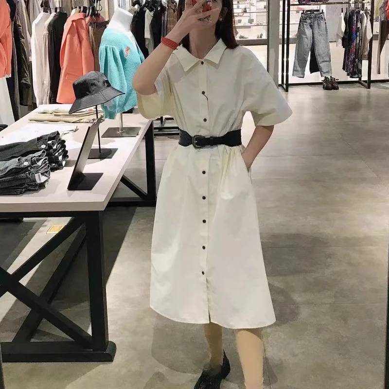 

Summer Fashion Bandage Shirt Dress Women Simple Turn-down Collar Vestidos Mujer Single Breasted Office Lady Dresses Women
