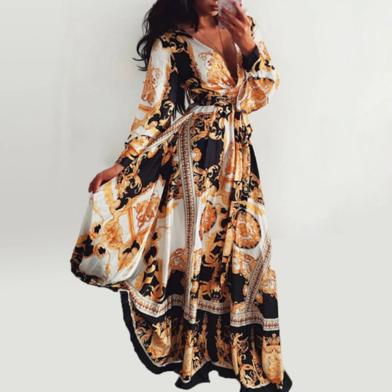 

Hot Fashion Women Beach Dress Fall Spring Printed High Waist Full Sleeve V Neck Bandage Long Sunderss Vestidos Party Vacation
