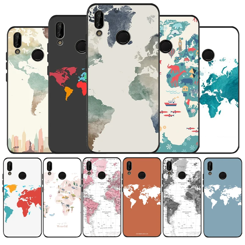 Мягкий силиконовый черный чехол с картой мира для телефона Huawei P9 P10 P20 P30 P40 lite pro Y9 Y6