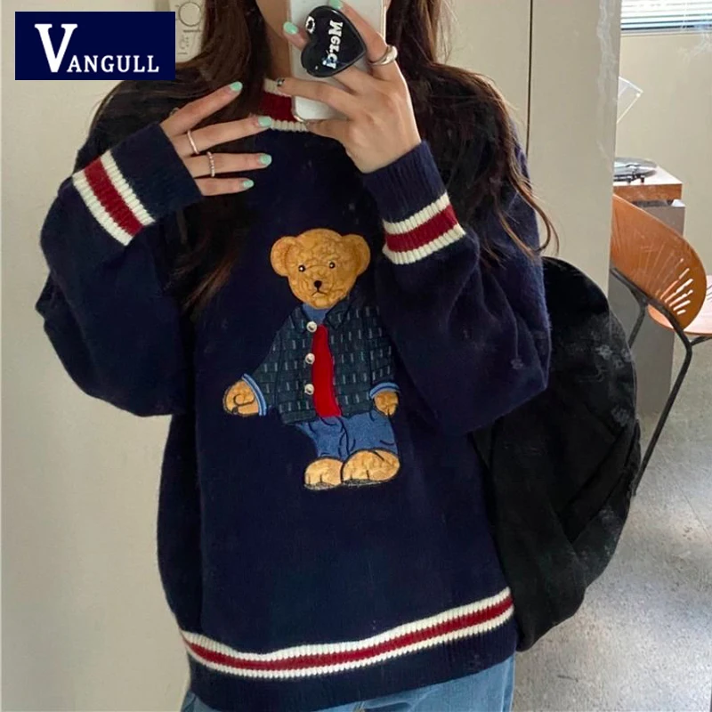 

Vangull Bear Cub Embroidery Knitted Pullover Women Spring Autumn Long Sleeve Loose Cartoon Casual Sweet Soft Sweater Female Tops