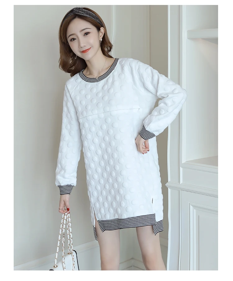 New Winter Round Collar Postpartum Women Fleece Lactation Dress Long High-Low Zipper Fly Maternity Breastfeeding Dress Cute