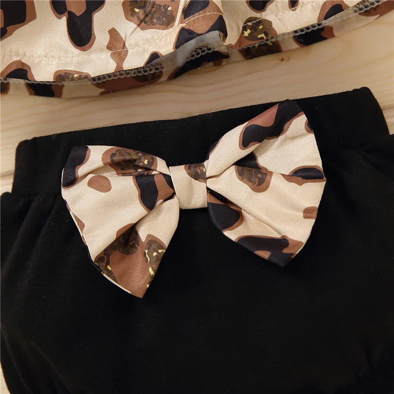 

Three Piece Outfit Set Newborn Baby Girl Clothes Leopard Print Khaki/Black Spaghetti Straps Tops Bow Shorts Headdress Infant