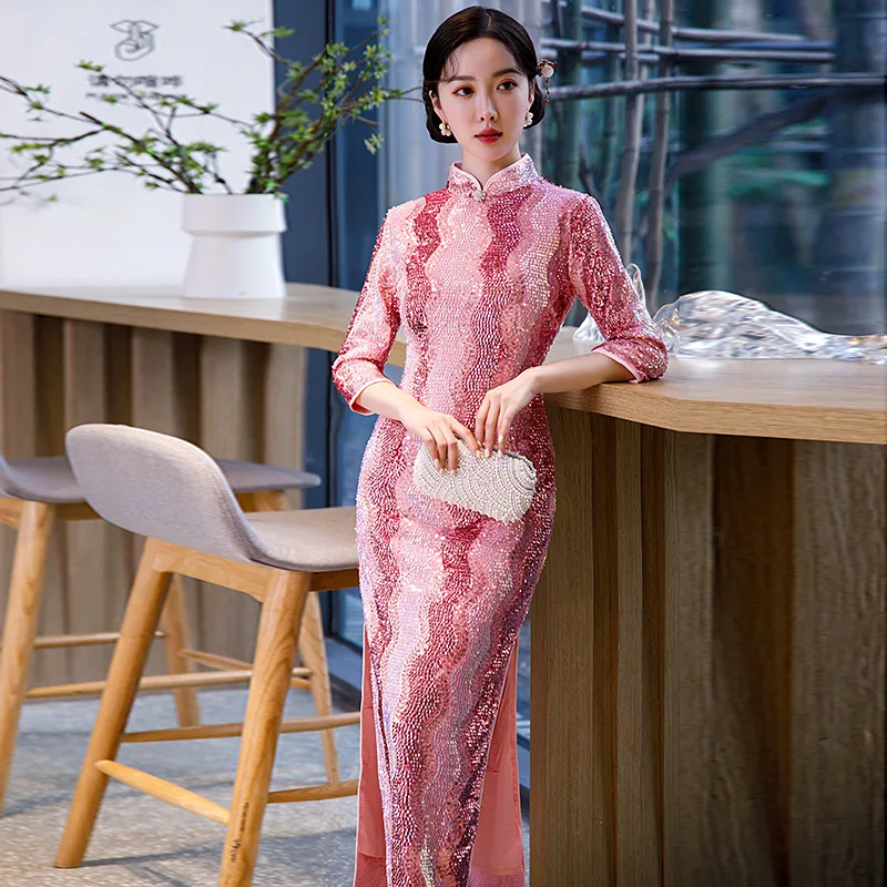 

Sexy Pink Sequins Striped Bride Wedding Party For Lady Chinese Dress Elegant Sequins Cheongsam Skirt Straight Slim Gown Qipao