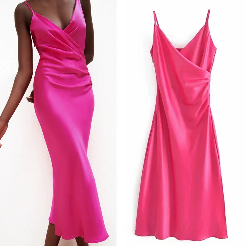 

Za Summer Slip Long Dress Woman 2021 Rose Red Camisole Elegant Party Dresses Women Ruched Backless Midi Sexy Dresses