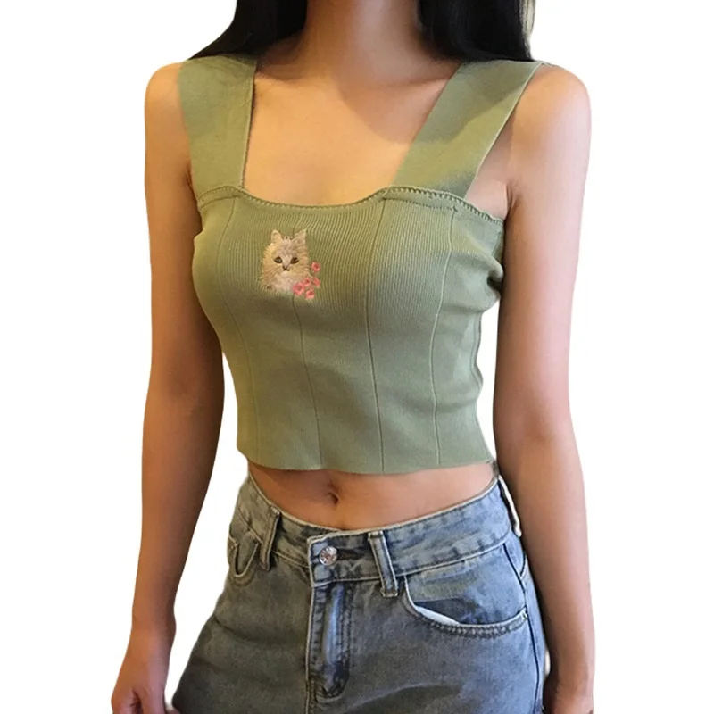 

Women Tank Tops Ladies Vest Top Cute Cat Pattern White Crop Top Summer Sleeveless Knitted vest Solid Color Women's wear