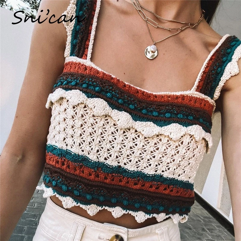 

Snican Spring Bohemian Knitwear Sweater Vest Fashion Casual Sleeveless Pullover Chic Crop Tops Za 2021 Women Pull Femme Camis