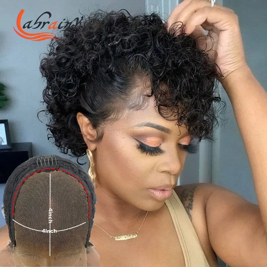 

4x4 Lace Closure Invisible Transparent Lace Frontal Human Hair Wigs Short Kinky Curly Pixie Bob Pre Plucked Bleached Knots 13X2