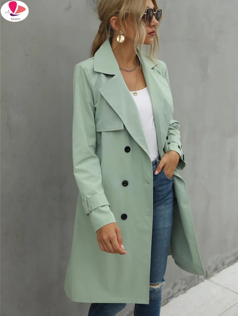 

Fashion Women Casual Solid Color Coat Adults Autumn Elagant Fashion Long Sleeve Lapel NeckDouble Breasted Belted Trench Coat