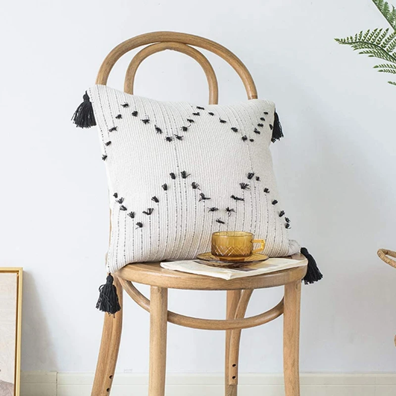 

MLGB Farmhouse Square Pillow Cover 18x18 inch Decor Throw Pillow Case Tribal Geometric Tufted Tassels Woven Cushion Cover