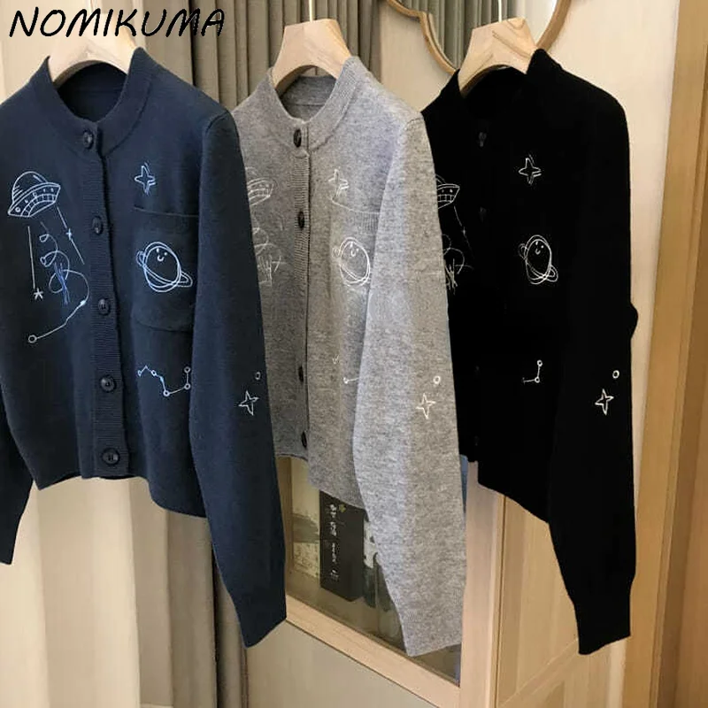 Шикарный трикотажный кардиган Nomikuma с мультяшной вышивкой корейский свитер