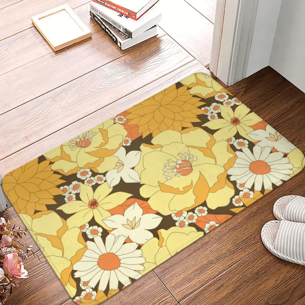 

Yellow Orange Brown Vintage Floral Doormat Rug carpet Mat Footpad Non-slip AntiwearEntrance Kitchen Bedroom balcony Cartoon