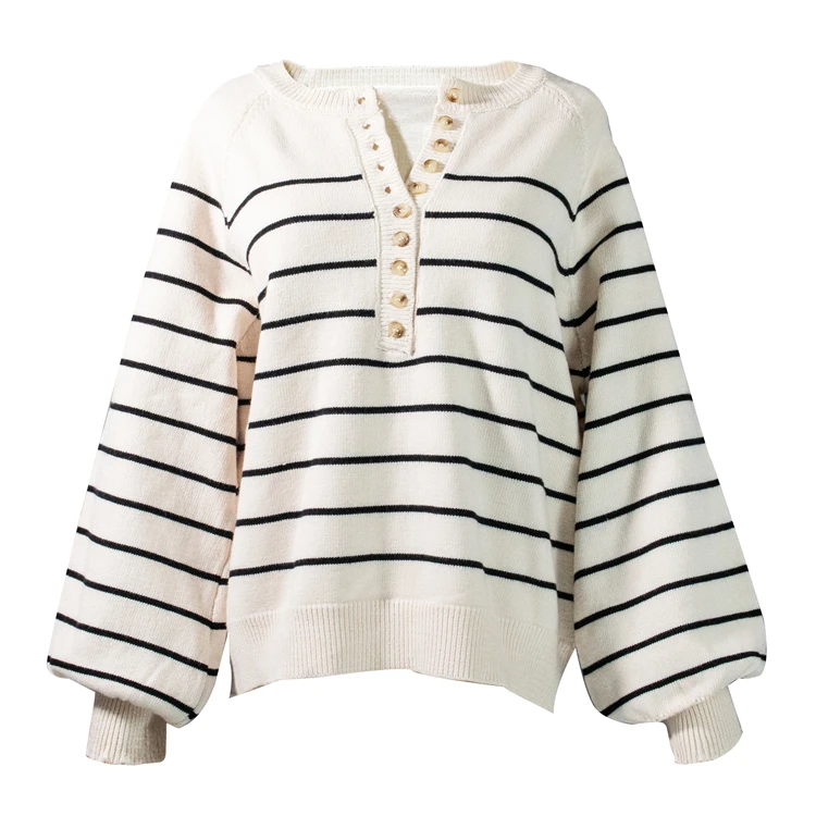 

New 2020 Autumn Winter Women Sweater V-Neck Buttons Knitted Pullovers Striped Casual Fashionable Wild Tops