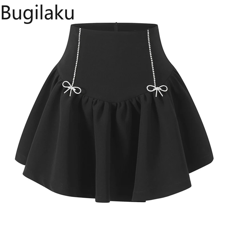 

Мини-юбка Bugilaku женская с завышенной талией, модная однотонная облегающая Повседневная трапециевидная мини-юбка с бантом, Черная