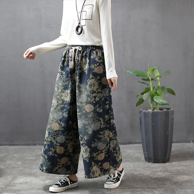Woman's Plus Size Loose Cotton Vintage Wide Leg Denim Pants Floral Print Casual Oversize High Waist Art Distressed Cropped Jean