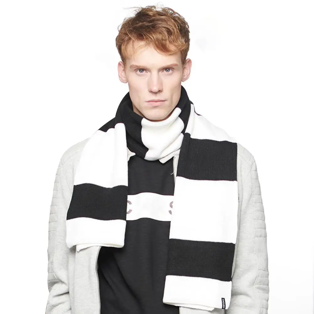 Черно-белый полосатый шарф мужской супер-мягкая шерсть вязаный унисекс теплый